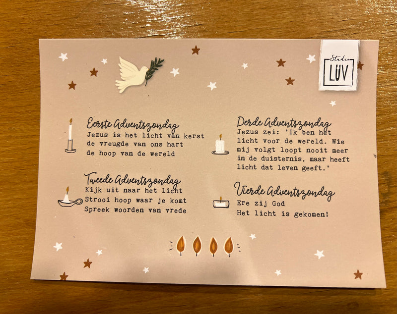 Kaarsenstandaard / Adventskalender incl. 4 kaarsen met prachtige kaart voor de 4 Adventszondagen