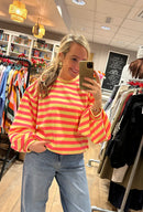 Sweater met strepen en pofmouw - Geel/Roze