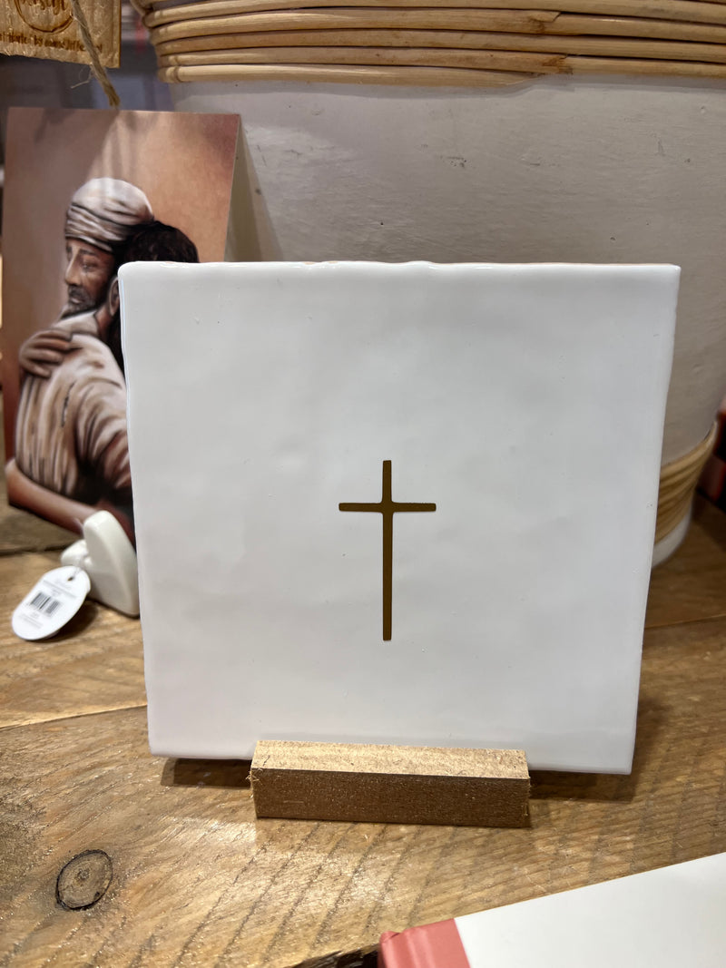 Tegeltje - Kruisje - Wit / Goud