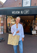 Rieten Tas met kort leren hengsel - Platte bodem - Geweven Patroon