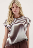 Zusss - T-shirt met Opgerolde Mouw Streep - Off White / Brown