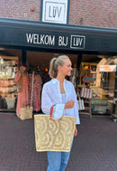Rieten Tas met kort leren hengsel - Platte bodem - Geweven Patroon