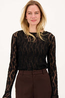 Zusss - stretch lace top with ruffle sleeve - zwart