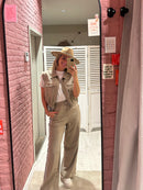 Broek met zakken en elastiek - beige met streep - S/M