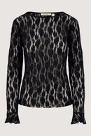 Zusss - stretch lace top with ruffle sleeve - zwart