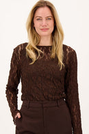 Zusss - stretch lace top with ruffle sleeve - Dark Choco