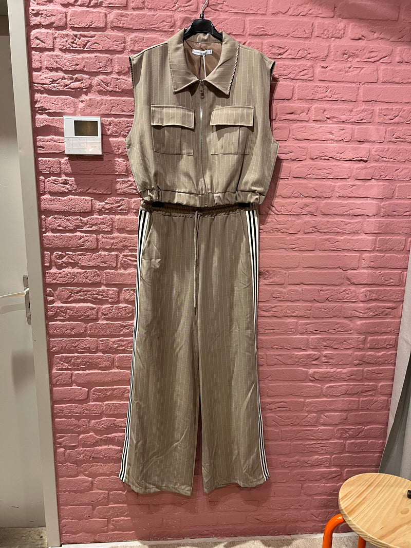 Broek met zakken en elastiek - beige met streep - S/M