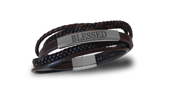 Leren Heren armband - Blessed - bruin - Maat 21