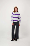 Zusss - Streep Kabeltrui met Ballonmouw - Mid Grey/Mid Purple