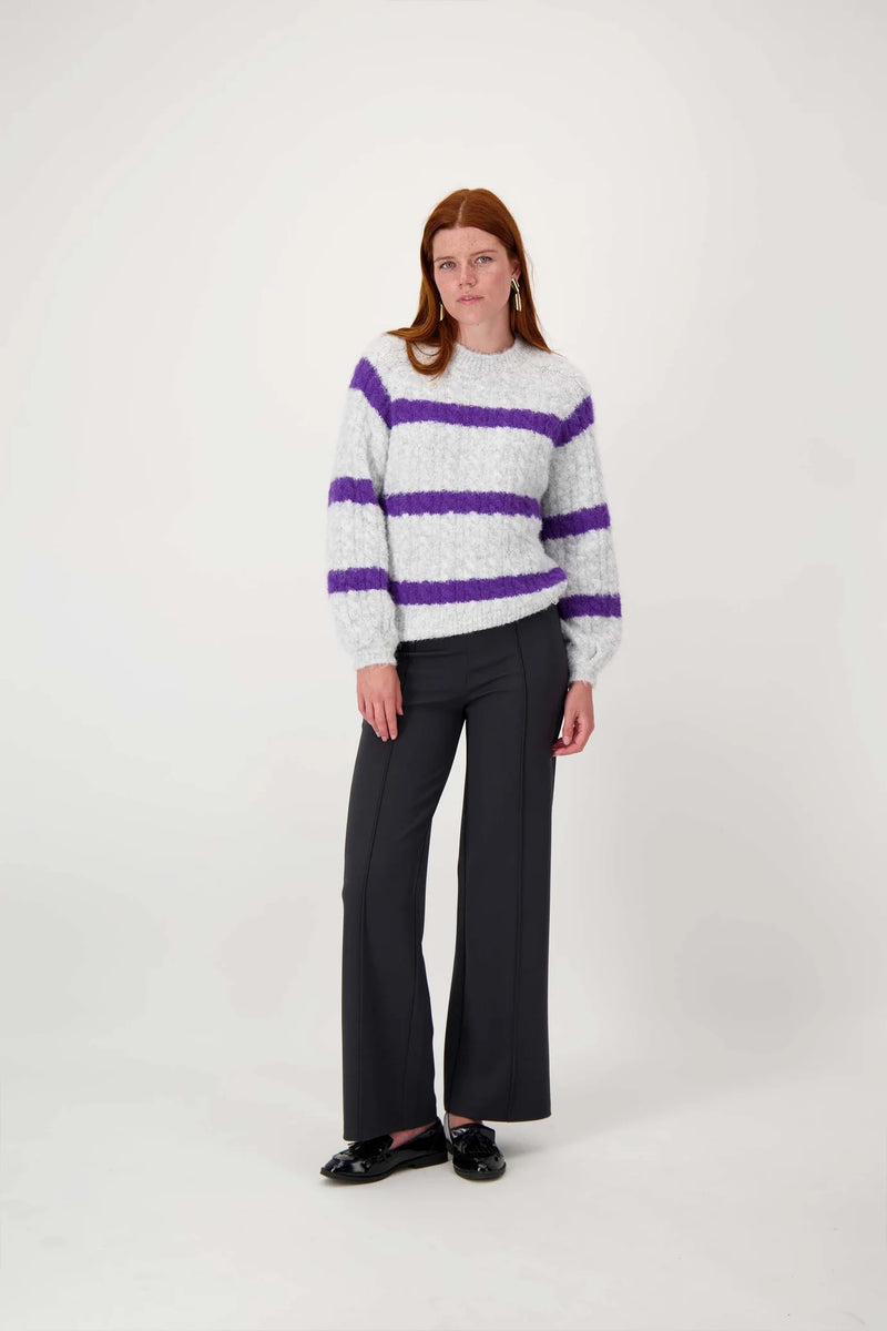 Zusss - Streep Kabeltrui met Ballonmouw - Mid Grey/Mid Purple