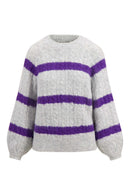 Zusss - Streep Kabeltrui met Ballonmouw - Mid Grey/Mid Purple