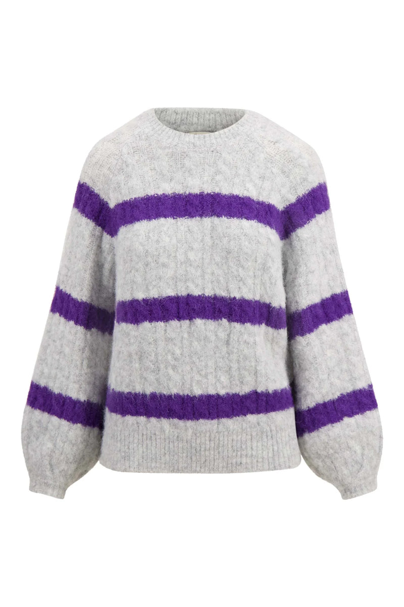 Zusss - Streep Kabeltrui met Ballonmouw - Mid Grey/Mid Purple