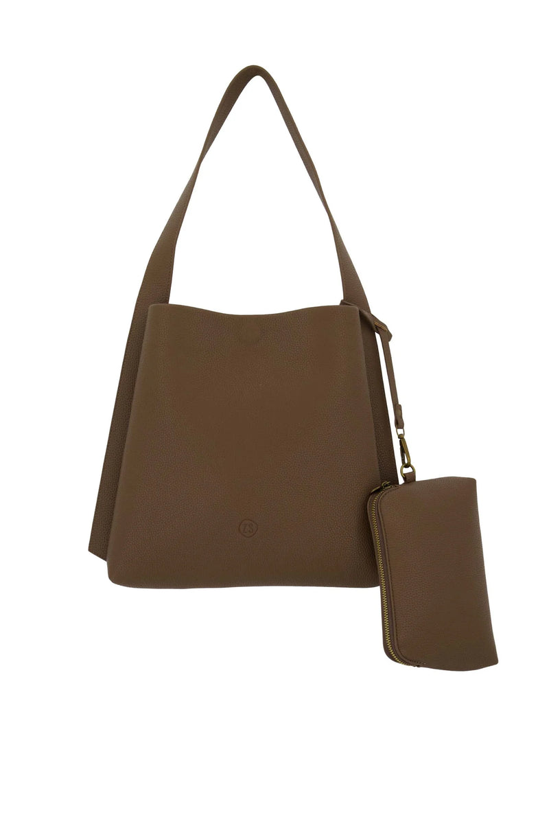 Zusss - Schoudertas Met Mooi Strap Detail + Make Up Tasje - Bruin