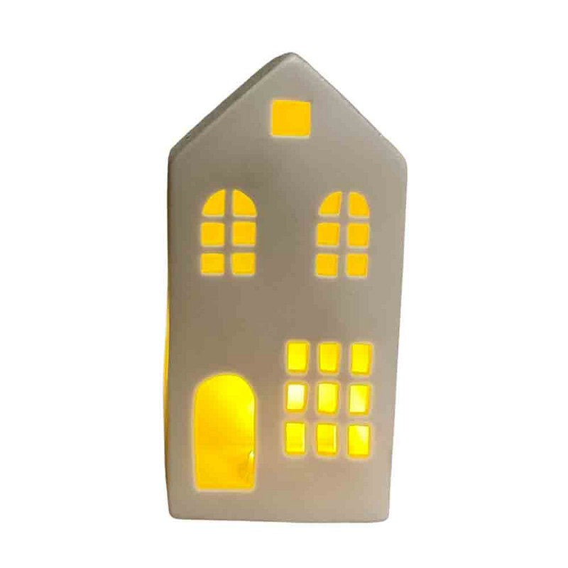 Home Society - Huisje met verlichting - Keramiek - Gebroken Wit