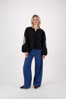 Zusss - Blouse Met Borduur Mouwen - Zwart