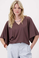 Zusss - V hals T-shirt wijde mouw met Zusss Embroidery - Brown