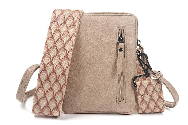 Telefoon Tasje - Taupe met lichtroze / bruin schouderband