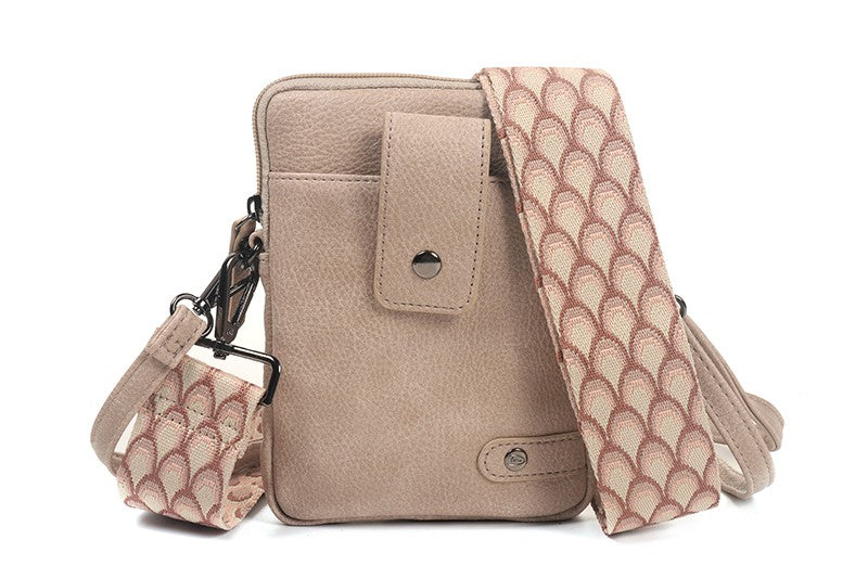 Telefoon Tasje - Taupe met lichtroze / bruin schouderband