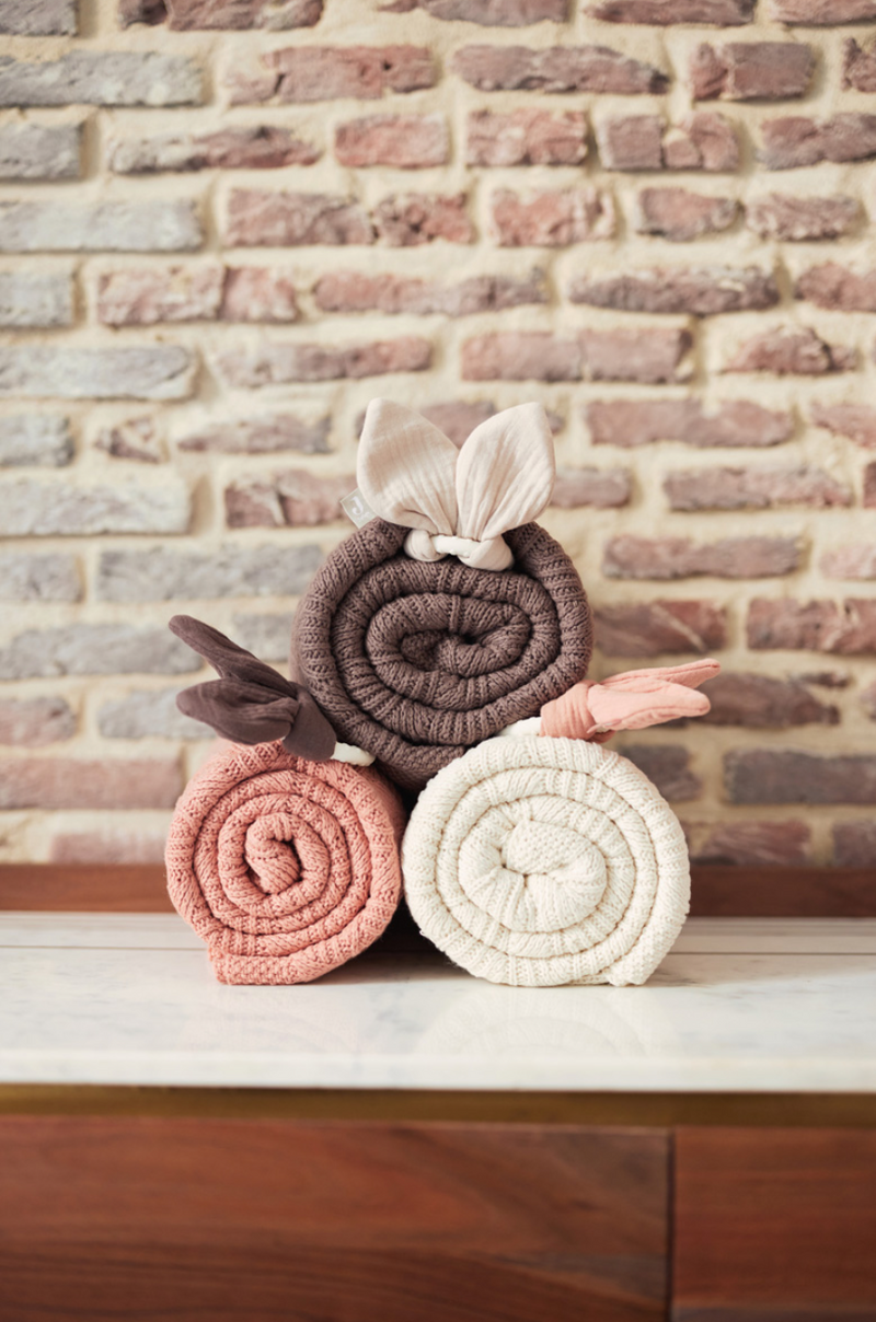 Jollein Ledikant Deken 100x150cm - Spring Knit - Chestnut/Coral Fleece