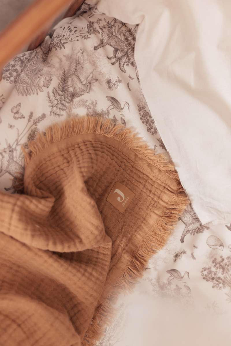 Jollein Wieg Deken Muslin Fringe - 75x100cm - Ivory/ Storm Grey/ Biscuit